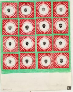 Sechzehn Quadrate mit roten und weißen Starburst-Mustern, jedes mit einem schwarzen Punkt in der Mitte, angeordnet in einem 4x4-Gitter auf weißem Hintergrund mit einem grünen Rand um das Gitter.