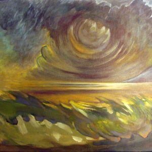 Abstraktes Gemälde mit wirbelnden, wolkenartigen Formen in Gelb-, Braun- und Grüntönen. Die Komposition suggeriert einen dramatischen Himmel über einer Landschaft, mit dynamischen Pinselstrichen und einem leuchtenden Licht am Horizont.