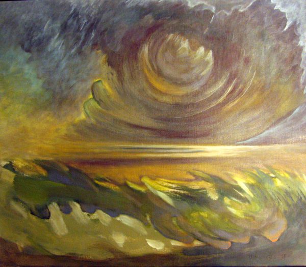 Abstraktes Gemälde mit wirbelnden, wolkenartigen Formen in Gelb-, Braun- und Grüntönen. Die Komposition suggeriert einen dramatischen Himmel über einer Landschaft, mit dynamischen Pinselstrichen und einem leuchtenden Licht am Horizont.