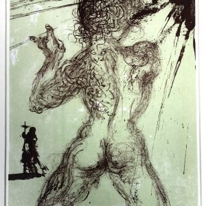 Eine Skizze einer muskulösen, nackten Figur mit wirrem, wirbelndem Haar, von hinten gesehen, gestikuliert nach oben, während eine dunkle Explosion in der Nähe ihres Kopfes stattfindet; zwei kleinere Figuren stehen in der Ferne, eine hält einen Speer oder Stab.