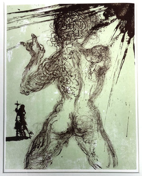 Eine Skizze einer muskulösen, nackten Figur mit wirrem, wirbelndem Haar, von hinten gesehen, gestikuliert nach oben, während eine dunkle Explosion in der Nähe ihres Kopfes stattfindet; zwei kleinere Figuren stehen in der Ferne, eine hält einen Speer oder Stab.