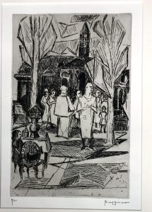 Schwarz-Weiß-Radierung von Menschen, die im Freien stehen und sich unterhalten, mit Bäumen, Tischen und einem großen Gebäude im Hintergrund; die Szene hat skizzenhafte Linien und ausdrucksvolle Schattierungen.