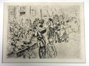 Schwarz-Weiß-Skizze einer belebten Marktszene im Freien mit Menschengruppen, die sich um Stände scharen, Verkäufern, die Waren verkaufen, und Kindern und Erwachsenen, die sich in einer lebhaften, überfüllten Umgebung unterhalten.