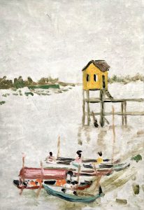 Impressionistisches Gemälde einer Flussszene mit einem gelben Stelzenhaus, einem Holzsteg und mehreren bunten Booten mit Menschen auf dem ruhigen Wasser vor einer grasbewachsenen Uferlinie.