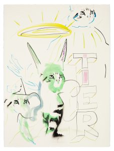 Eine farbenfrohe Zeichnung einer engelsgleichen Katze mit Heiligenschein, einem fliegenden Katzenkopf und einem Elefantenkopf mit einem Partyhut, daneben das Wort TIER in großen, umrandeten Buchstaben. Das Bild ist mit verspielten, lockeren Linien skizziert.
