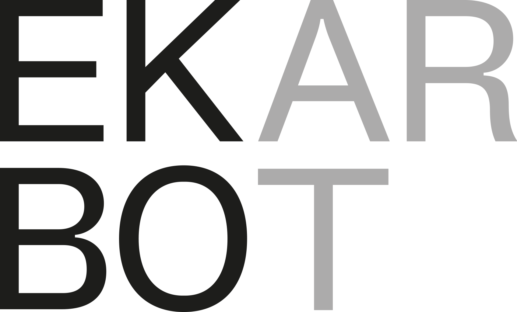 Große, fette schwarze und graue Buchstaben buchstabieren EKAR BOT auf weißem Hintergrund, wobei sich die Farben der einzelnen Buchstaben abwechseln.