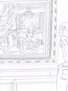 Eine Person steht vor einem großen gerahmten Gemälde in einer Galerie. Das Gemälde zeigt einen Künstler bei der Arbeit, der eine sitzende Figur malt. Andere Objekte und Details füllen den Hintergrund sowohl in der Galerie als auch im Kunstwerk.