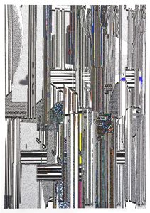 Abstraktes digitales Kunstwerk mit vertikalen und diagonalen Linien in Schwarz, Weiß und Metallic-Tönen, mit Akzenten in Blau, Gelb und Regenbogenfarben, die eine gebrochene, geometrische und strukturierte Komposition ergeben.