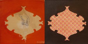 Ein zweigeteiltes Gemälde: Die linke Seite zeigt eine abstrakte hellbraune Form auf orangefarbenem Hintergrund mit der schwachen Skizze einer Hand; die rechte Seite zeigt eine ähnliche Form, die mit einem roten und weißen Blumenmuster auf dunklem Hintergrund gefüllt ist.