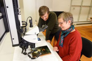 Zwei Personen untersuchen ein Gemälde unter einem Mikroskop in einer Laborumgebung. Die Frau mit dem roten Pullover und dem bunten Schal lächelt, während der Mann mit dem grünen Pullover das Kunstwerk unter dem Mikroskop aufmerksam betrachtet.