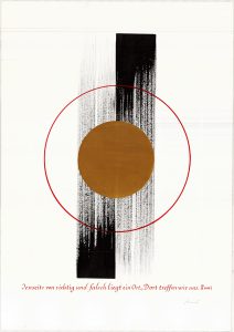 Abstraktes Kunstwerk mit einem vertikalen schwarzen Pinselstrich, einem goldenen Kreis in der Mitte und einem dünnen roten Ring, der den goldenen Kreis umgibt. Darunter ist in roter Schreibschrift ein deutsches Zitat von Rumi zu lesen.