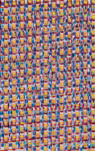 Ein farbenfrohes, sich wiederholendes Muster aus vertikalen orangefarbenen und gelben Streifen, die von blauen, violetten und roten Linien durchzogen sind und so ein gewebtes, gitterartiges, geometrisch-abstraktes Design bilden.