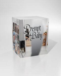 Ein verspiegelter Würfel mit der Aufschrift Prompt Baby in Schreibschrift auf der Vorderseite, in dem sich ein modernes Zimmer mit Regalen, Büchern und Deko-Elementen spiegelt. Auf der linken Seite ist eine Collage aus verschiedenen kleinen Fotos zu sehen.