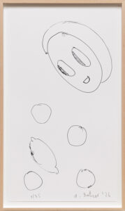 Eine minimalistische Strichzeichnung eines lächelnden Gesichts und vier Obststücke, vom Künstler signiert.
