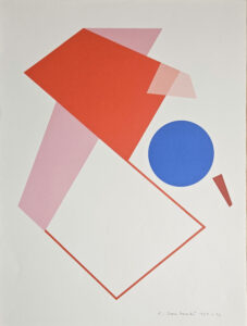 Abstrakte Komposition von H. Stankowski mit geometrischen Formen in Rot, Rosa und Blau auf weißem Hintergrund.